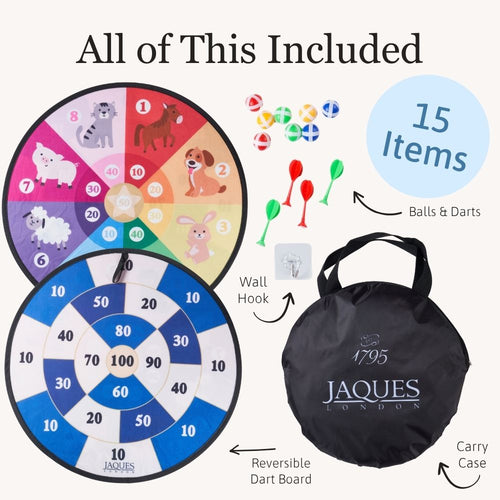 Dartboard set with carry case, balls, and darts labelled 'All of This Included' on a white background.  