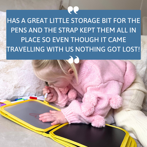 Child drawing on a portable blackboard with text overlay about product features