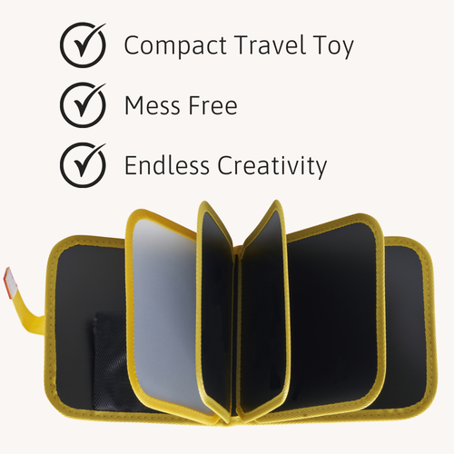 Foldable toy with yellow edges on a white background, featuring text about its features.