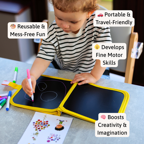 Child drawing on a portable blackboard with colourful markers, emphasizing features like reusability, mess-free fun, development of fine motor skills, boost in creativity, and travel-friendliness.