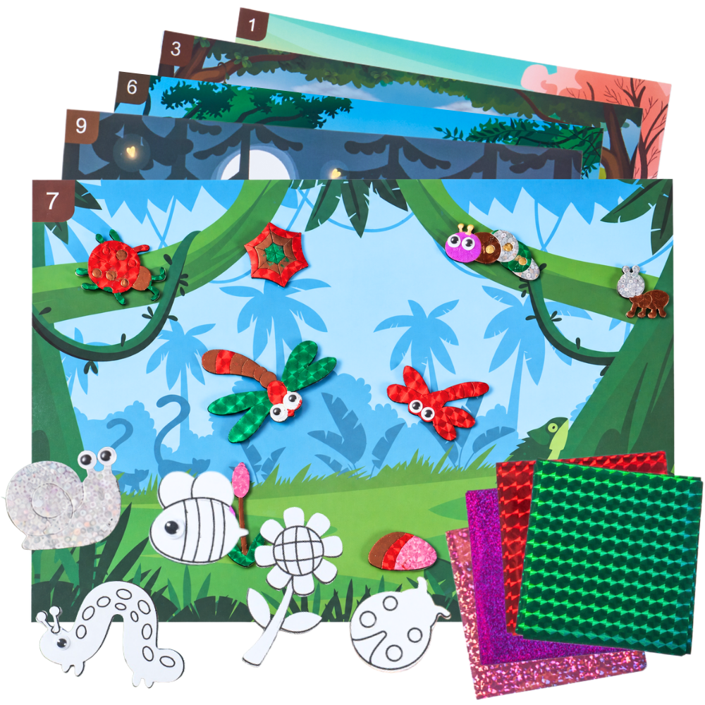 A children's craft activity set featuring a jungle-themed magnetic board game with various insect and nature pieces, shown alongside several colorful textured fabric squares and matching printed cards on a white background. 
