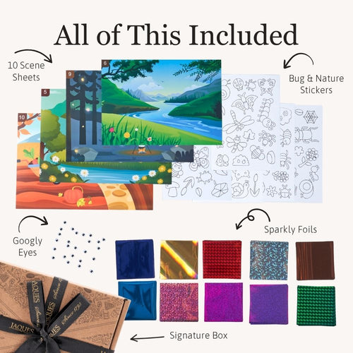 An infographic-style product collage on a light beige background showing included items for a craft or stationery set: colorful scene sheets, bug and nature stickers, googly eyes, sparkly foils, and a signature box, with text labels indicating what is included.