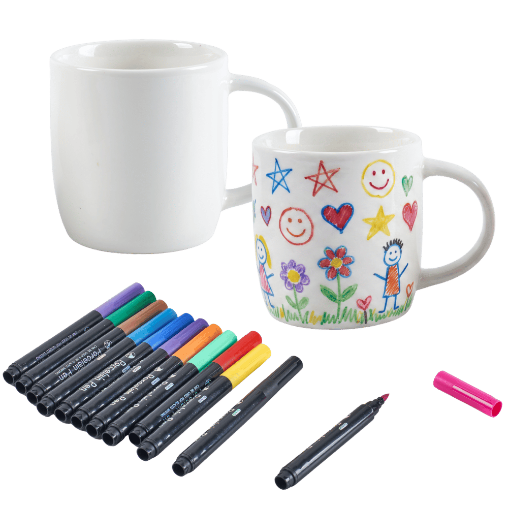 Jaques of London Paint Your Own Mug Set - blank ceramic mug, hand-painted mug with stars, hearts and flowers, and set of coloured markers, 