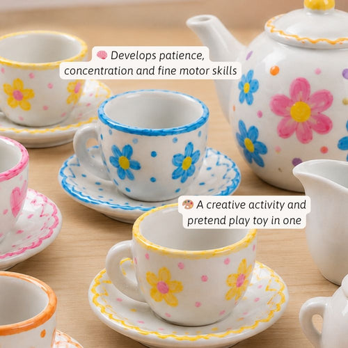 Children's ceramic tea set with floral designs on a wooden surface 