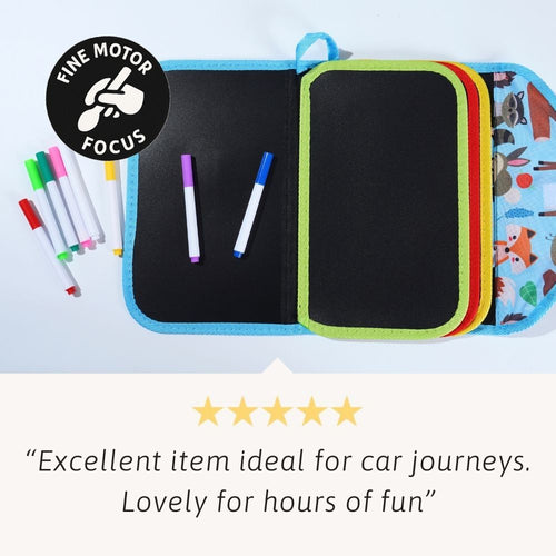 Children's activity doodle book with animal illustrations and markers on a white background 