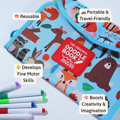 Children's activity doodle book with animal illustrations and markers on a white background 