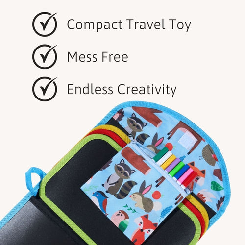 Travel toy set with colourful animals and markers on a white background 