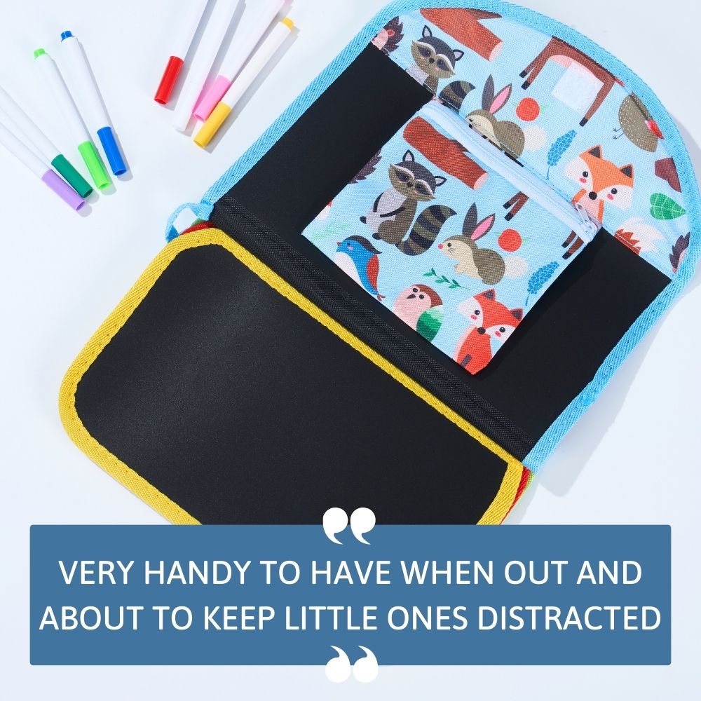 Children's activity doodle book with animal illustrations and markers on a white background 