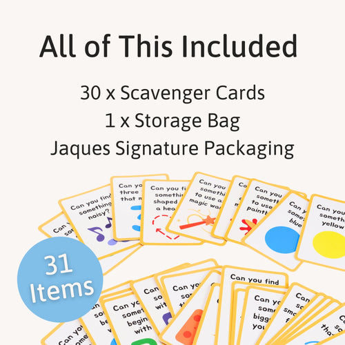 Scavenger cards with text listing included items on a white background 