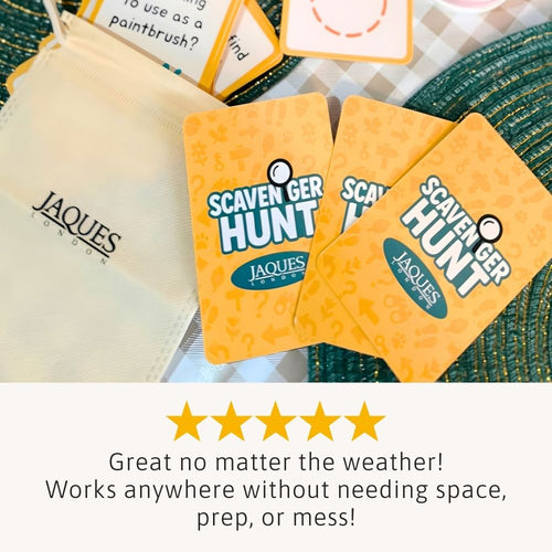 Scavenge Hunt game cards by Jaques on a textured surface with a five-star rating and review text.