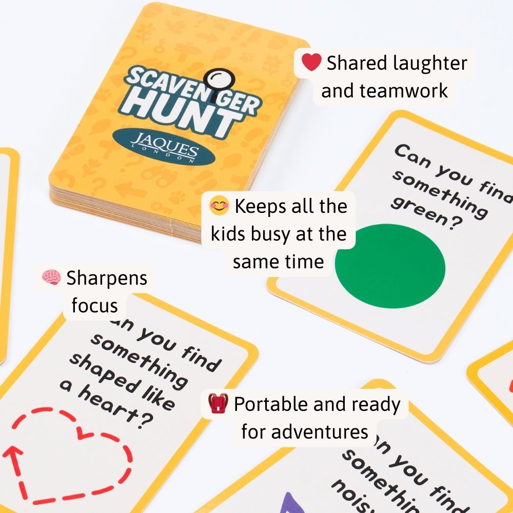 Scavenge Hunt game cards with Jaques branding on a white background
