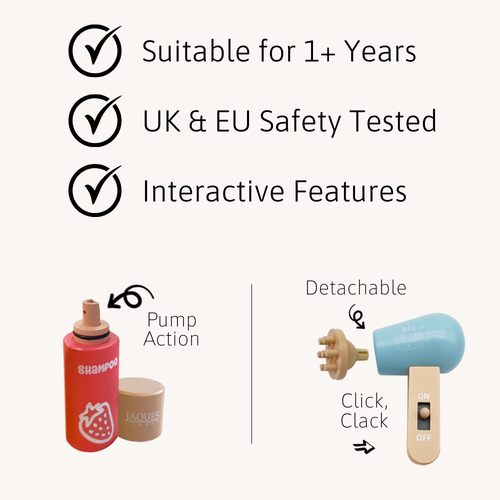 Product features including suitability for children, safety testing, and interactive features with images of a bottle and a toy dryer. 