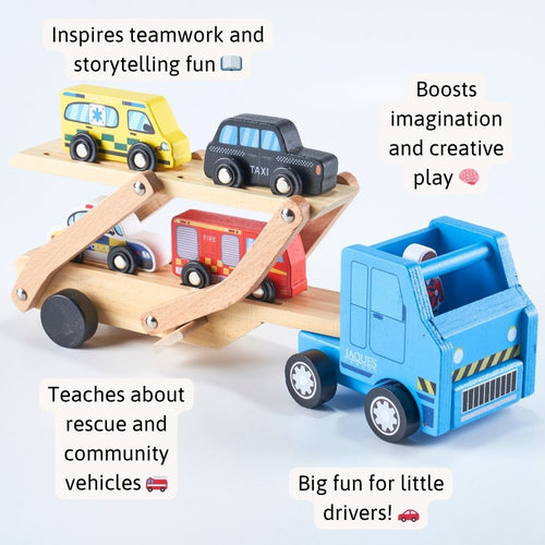 Wooden toy truck with multiple cars on a white background