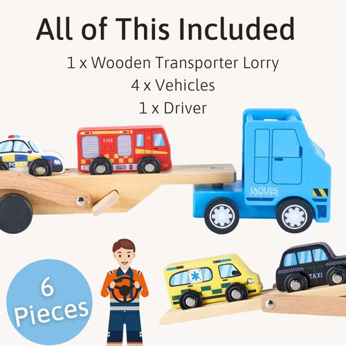 Toy set with wooden transporter lorry, vehicles, and driver figure on a white background