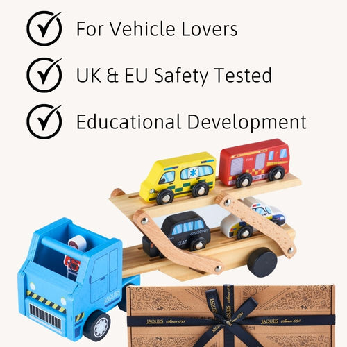 Toy truck with wooden ramp and cars, featuring safety and educational text on a white background.