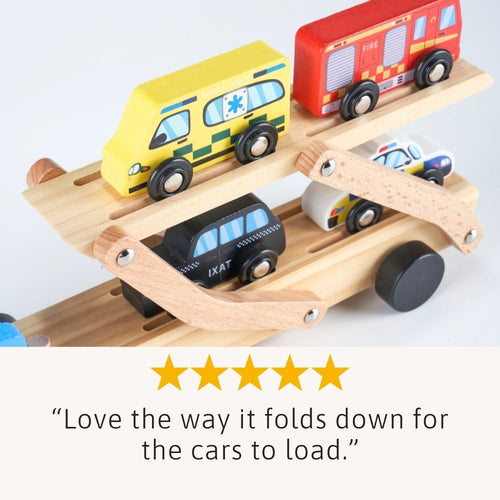 Wooden toy car carrier with folded down section to load toy cars, featuring a yellow ambulance, red fire truck, and black taxi.