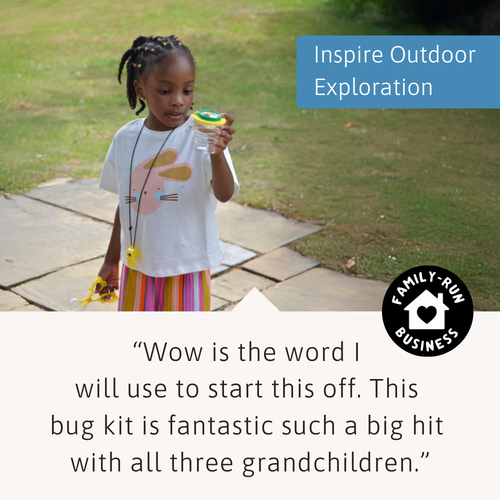 Child playing outdoors with bug-catching tools, with review text praising the kit as a big hit with grandchildren and ‘Inspire Outdoor Exploration’ banner in the corner. 
