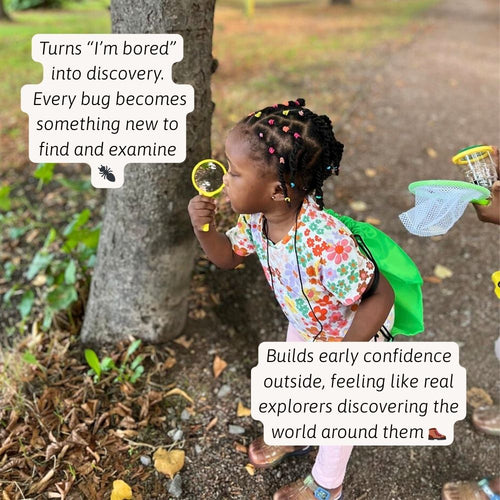 A child exploring the garden and searching for insects with their bug hunting tools 