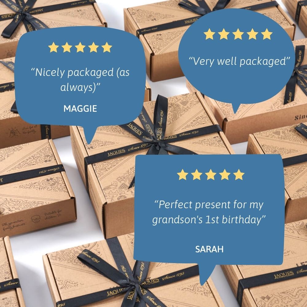 “Jaques of London luxury gift packaging with black ribbon and customer 5-star reviews – perfect first birthday gift for toddlers. [filll]
