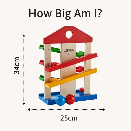 Jaques of London wooden ramp toy with colourful tracks – 34cm tall and 25cm wide, ideal size for toddler play and early development 