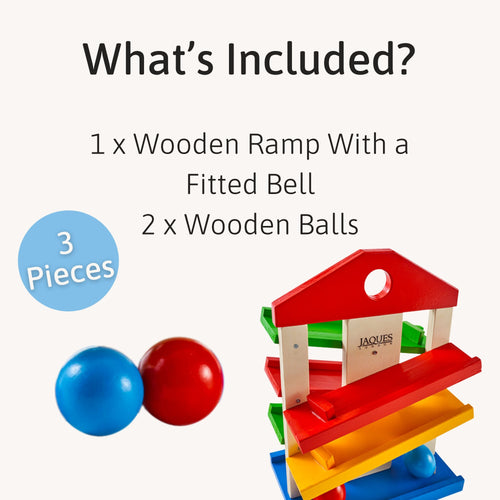 Jaques of London wooden ramp toy set including 1 wooden ramp with fitted bell and 2 wooden balls – 3 pieces in total, perfect for toddler play. [filll]