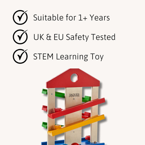 Jaques of London wooden ramp toy featuring UK and EU safety testing, STEM learning benefits, and suitability for ages 1 year and up. [filll]