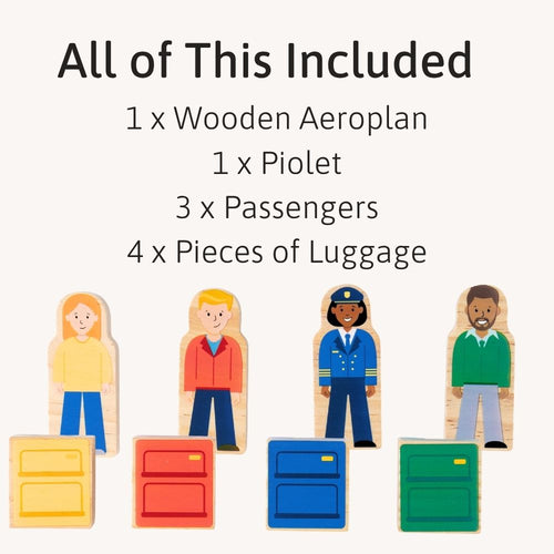 Wooden toy figures of a pilot and passengers with luggage on a white background