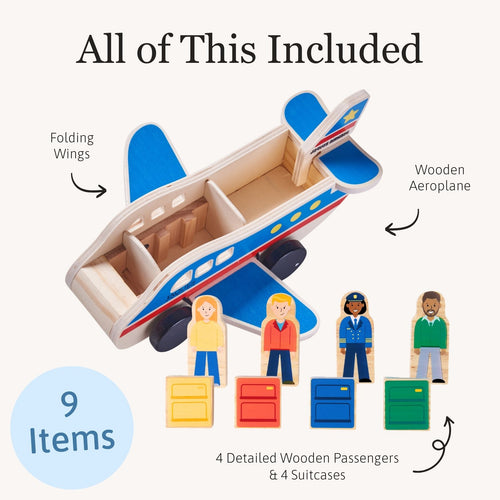 Wooden toy airplane set displayed with labeled parts and accessories, including peg people and small pieces, arranged neatly with the heading “All of This Included.” 