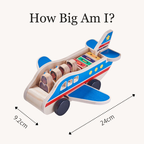 Wooden airplane laid flat with measurement lines indicating its dimensions, under the heading “How Big Am I?” showing length, height, and width. 