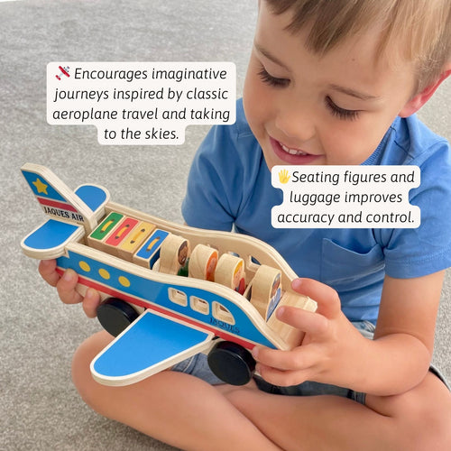 Close-up of a child’s hands playing with the wooden airplane on a carpeted floor, with text highlighting features like smooth edges and durable wood. 