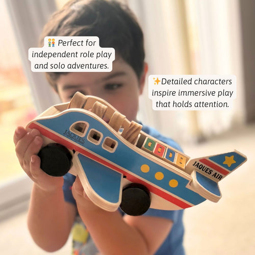 Close-up of a child holding the wooden airplane up to eye level, pretending it is flying, with small text callouts describing imaginative play and design details. 