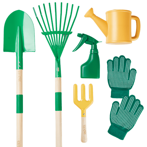 Set of gardening tools including a shovel, rake, watering can, spray bottle, and gloves on a green background. [fill]