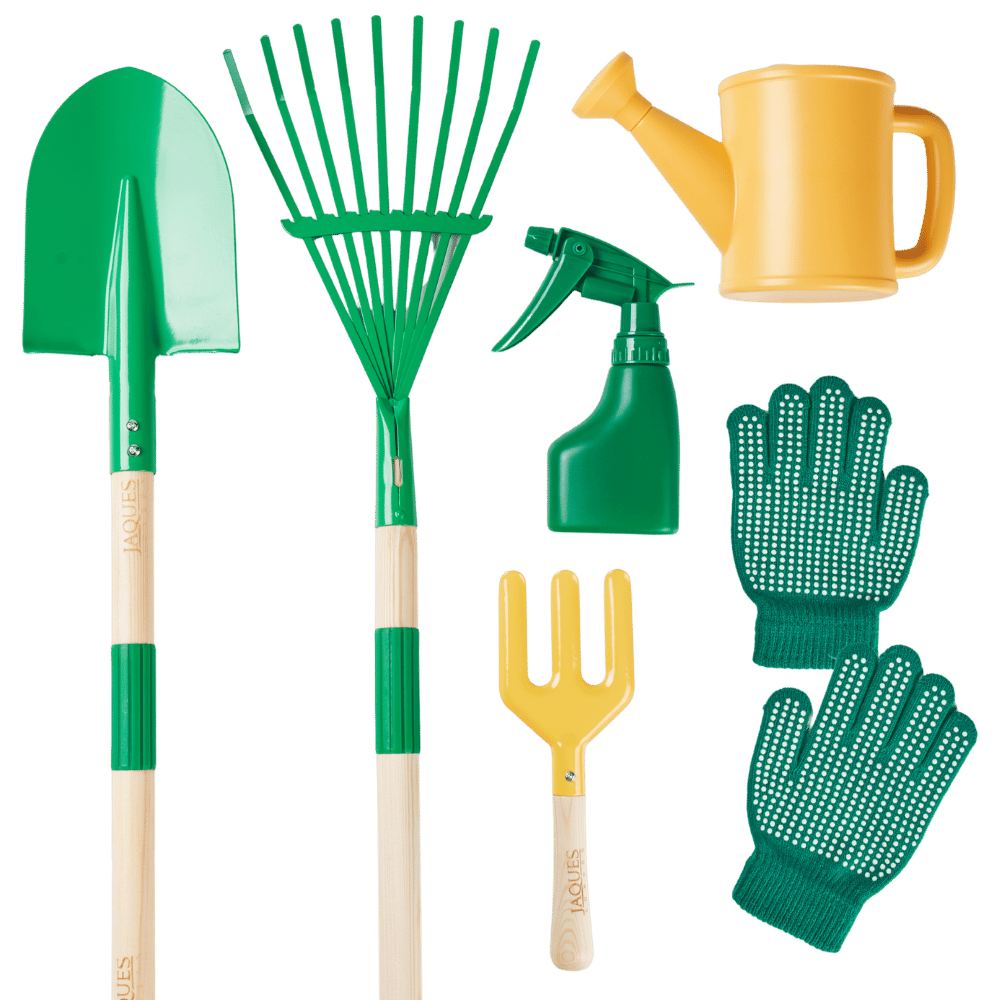 Set of gardening tools including a shovel, rake, watering can, spray bottle, and gloves on a green background. 
