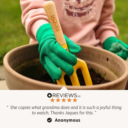 Child wearing green gardening gloves holding a yellow tool in a pot with text overlay.