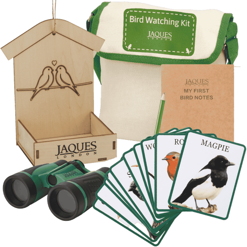 A Jauques London bird watching kit displayed on a white background, including a wooden birdhouse, canvas bag, binoculars, card reader, and bird notes notebook.