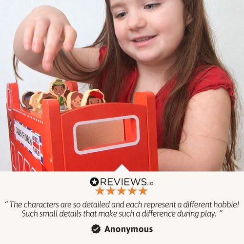 Child holding a red toy box with figurines, featuring a review text about detailed characters.