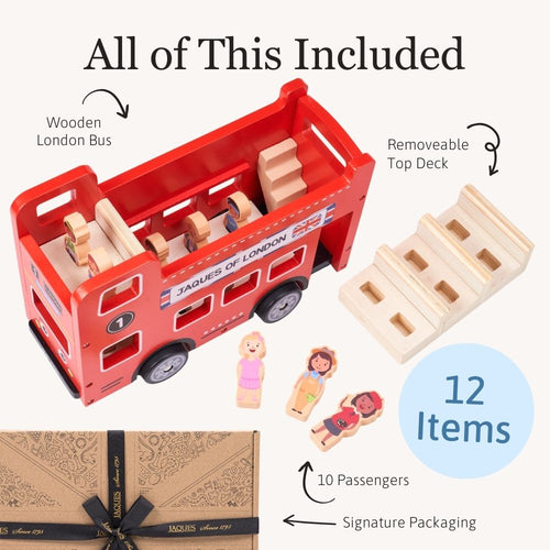 Wooden toy London bus with removable top deck, 10 passengers, and signature packaging on a white background.