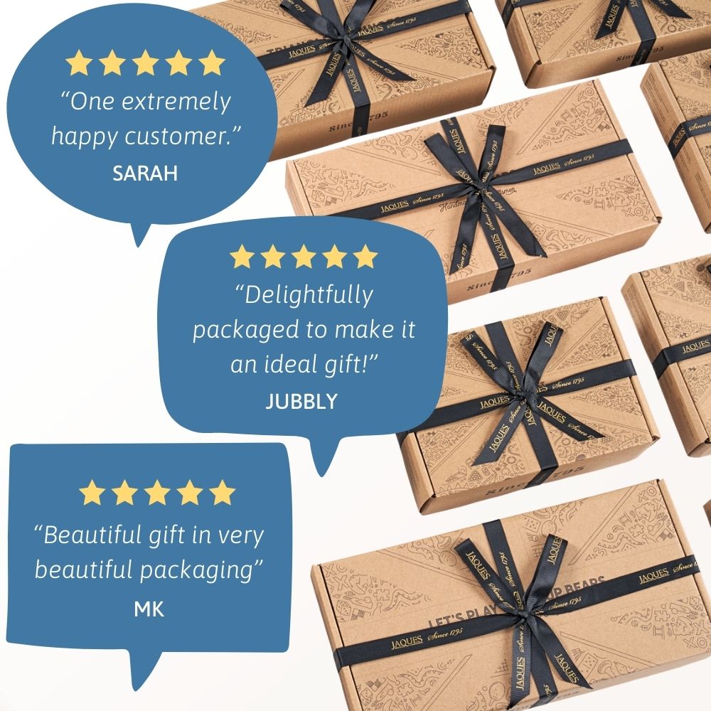Gift boxes with black ribbons and customer reviews on a white background