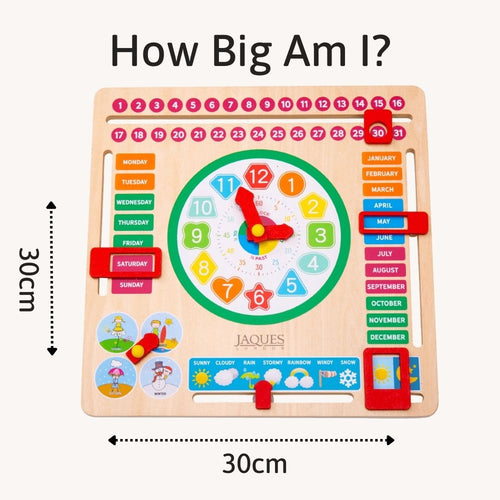 Children's educational clock toy with measurements on a white background 
