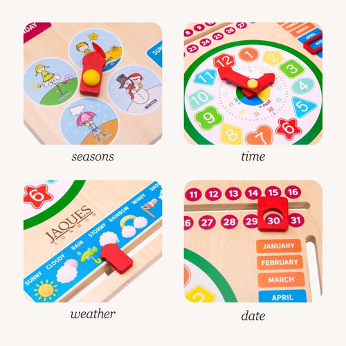 Set of educational wooden toys for learning about seasons, time, weather, and date.