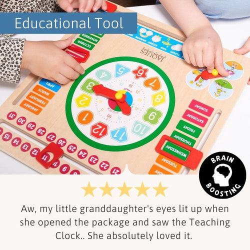 Children playing with an educational clock toy, with a five-star rating and positive review text.