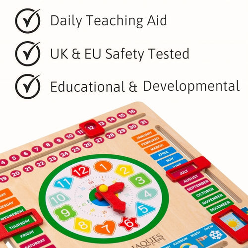 Children's educational clock with colourful numbers and days of the week, featuring Jacques branding.