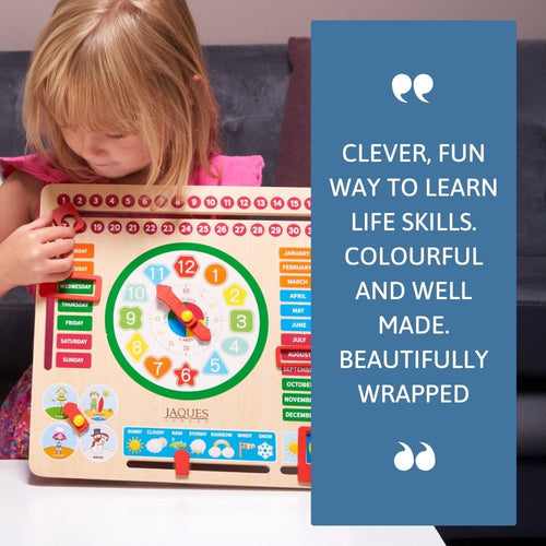 Child playing with a colourful educational clock toy, with text praising its design and educational value.