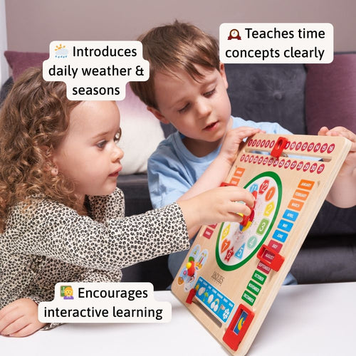 Two children playing with a educational toy that teaches daily weather, seasons, and time concepts.