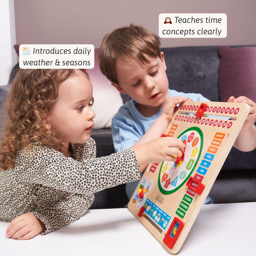 Two children playing with a educational board game on a couch. 
