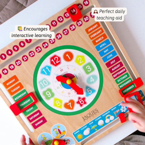 Children's educational clock toy with colourful numbers and days of the week labels, featuring the brand 'Jaques'. 