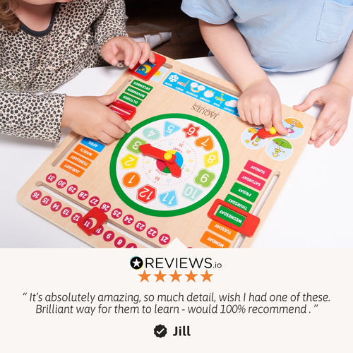 Children playing with a colourful educational toy on a white surface. 