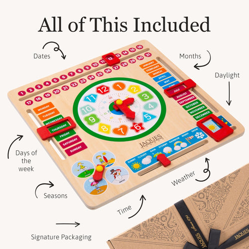 Wooden educational toy with clock and calendar features, including days of the week, months, and weather, with Jaques branding. 