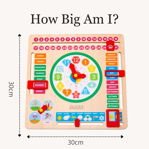 Children's educational toy with a clock and calendar design, featuring the brand 'Jacques'. 