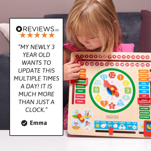Child holding a colourful educational toy with a clock face, surrounded by a 5-star review quote from Emma. 